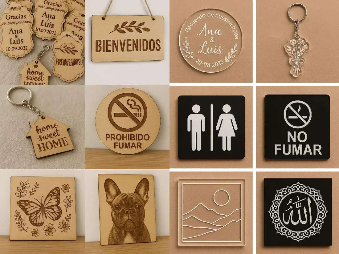 Mosaico de productos personalizados: letreros, llaveros, señalización y piezas grabadas en madera